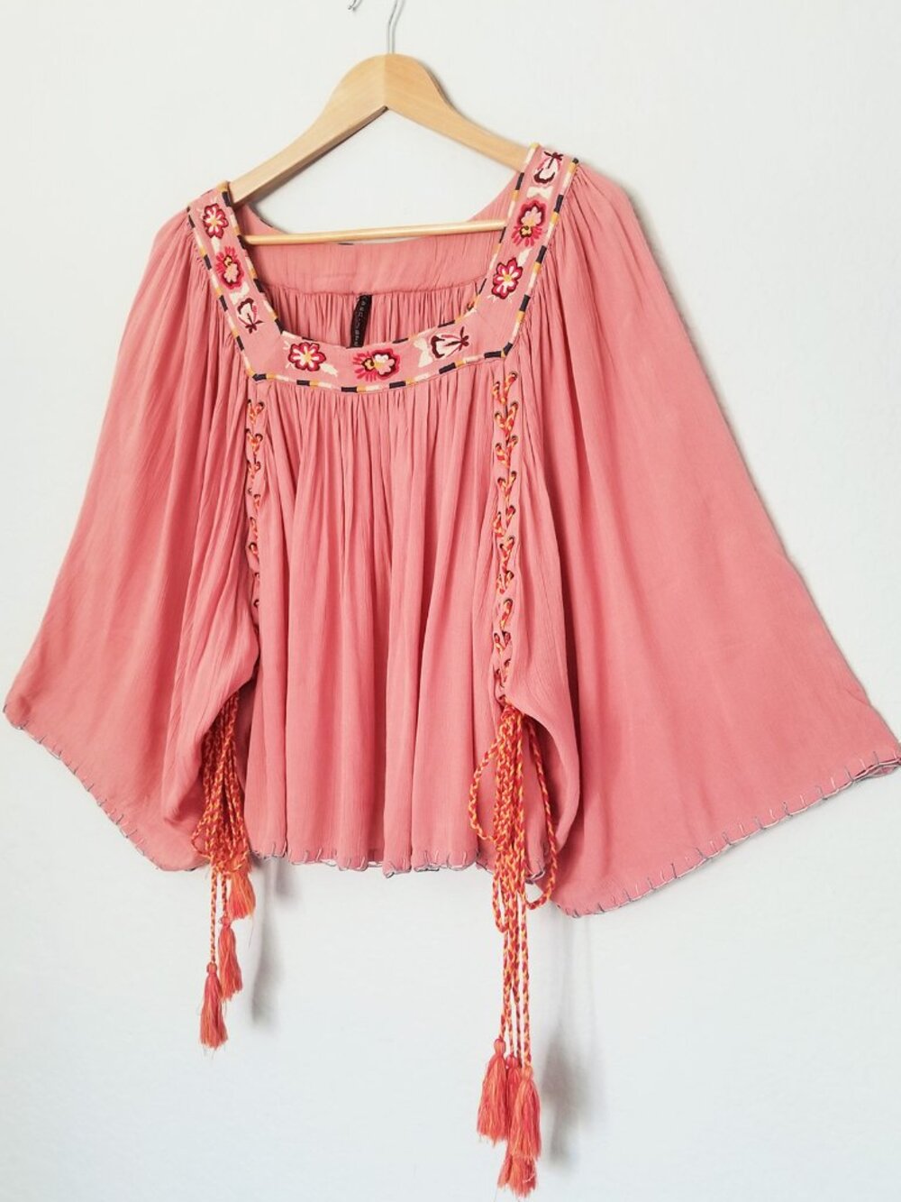 BanJara Embroidered Square Neck Flowy Laced Up Tassel Boho Blouse Top Coral L